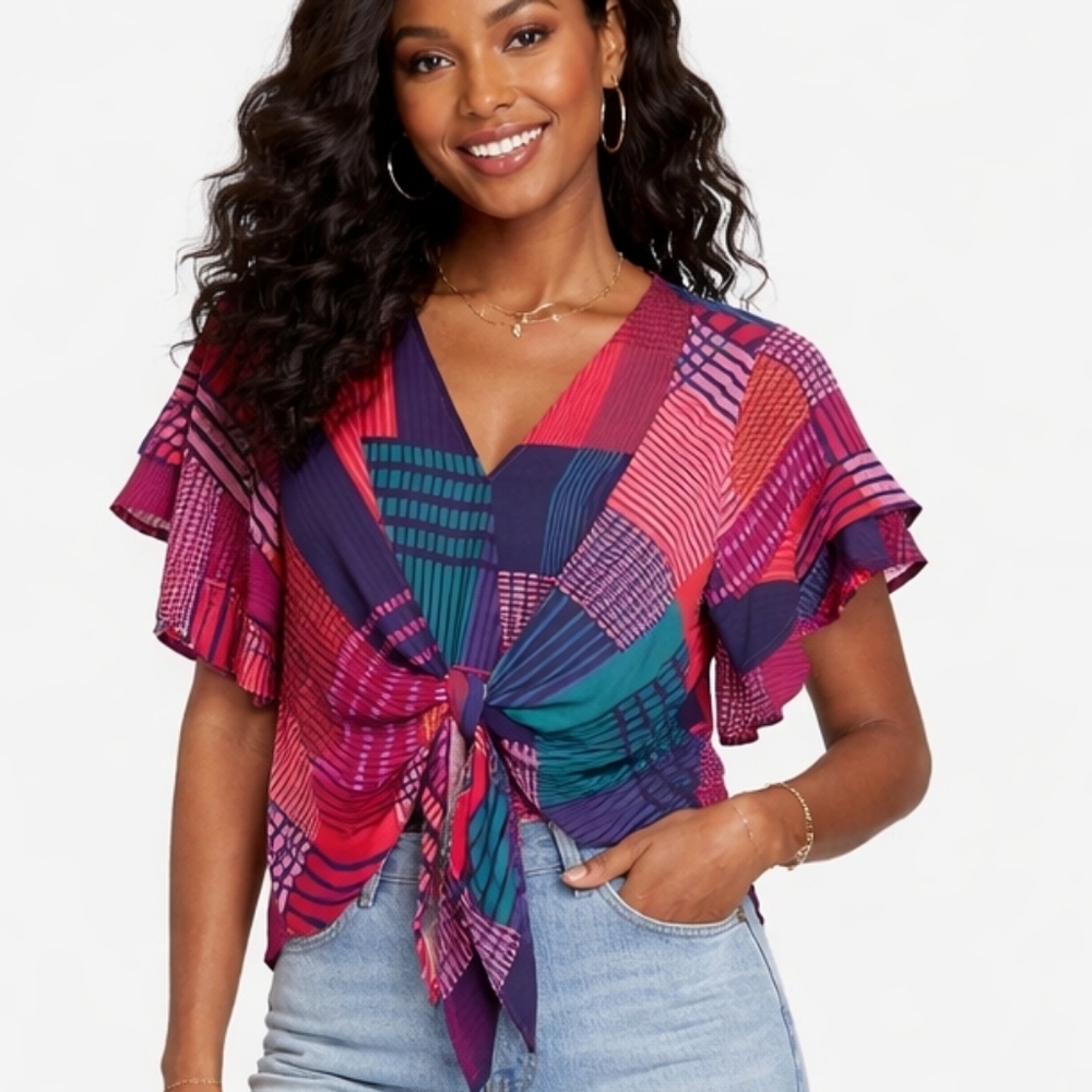 Umgee Colorful Geometric V-Neck Tie Front Women's Blouse Medium